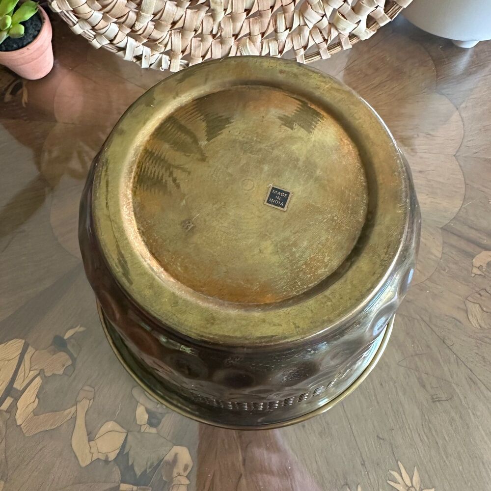 Vintage Hammered Brass Reticulated Planter Cachepot, MCM Decorative Storage - Picture 11 of 11